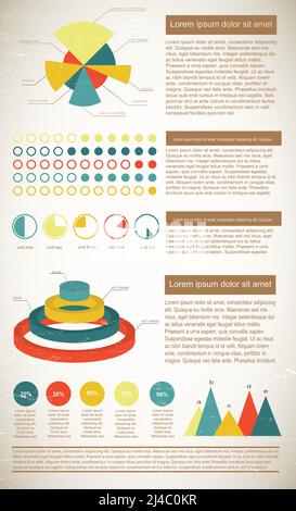 Flache vintage Infografiken Elemente in hellen Farben zeigen Statistiken mit Vektordarstellung für Textfelder Stock Vektor
