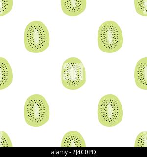 Halb aufgeschnittenes grünes Kiwi-Obst isoliert auf weißem Hintergrund ist in nahtlosem Muster - Vektor-Illustration Stock Vektor