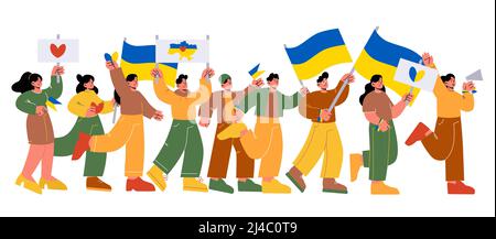 Menschen protestieren gegen den Krieg in der Ukraine auf Demonstration. Vektor-flache Illustration einer Menge von Aktivisten mit ukrainischen Flaggen und Megaphon auf Demonstration für Frieden und Freiheit Stock Vektor