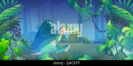 Spinosaurus-Dinosaurier im Dschungel, Dino-Monster, prähistorische Wildtiere auf tropischem Waldgrund mit Palmenblättern. Uralte Kreatur aus der Jurazeit. Cartoon-Spiel Personage Vektor Illustration Stock Vektor