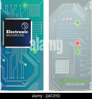 Vertikale elektronische Platinen Banner in grau und blau gesetzt Mit hellen Lichtern isoliert auf weißem Hintergrund flache Vektorgrafik Stock Vektor