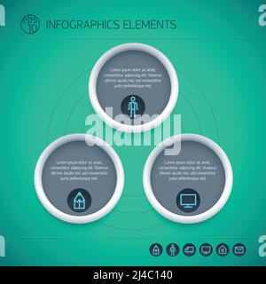 Abstrakte Infografik Elemente mit Kreisen Text drei Optionen und Symbole Auf grünem Hintergrund isolierte Vektordarstellung Stock Vektor