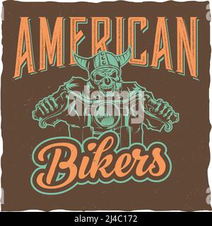 Biker T-Shirt Labeldesign mit Darstellung des Skelett Reiten auf Motorrad Stock Vektor