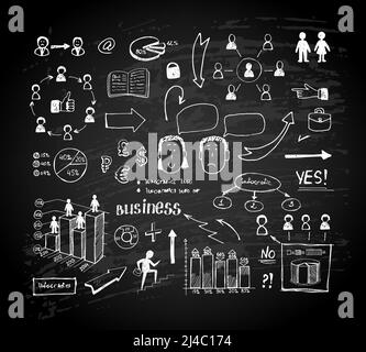 Kreidetafel Doodle Charts. Geschäftsdiagramme und Diagramme auf einer Tafel. Vektorgrafik Stock Vektor