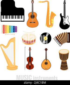 vektor Musikinstrumente flache Symbole auf weißem Hintergrund isoliert Stock Vektor