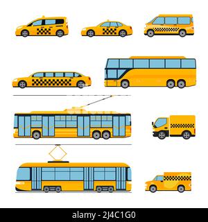 City öffentlichen Verkehrsmitteln Ikonen flache Set. Stadtfahrzeuge. Bahn und Bus, Straßenbahn und Auto, Vektorgrafik Stock Vektor