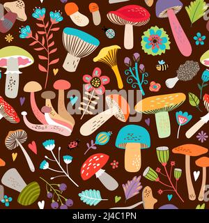 Attraktive verschiedene Cartooned Blätter und Pilze Grafikdesign auf Nahtlosen braunen Hintergrund. Stock Vektor