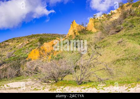 Die Pinnacles sind farbenfrohe Sanddünen an der Ostküste, entlang des Seventy Five Mile Beach auf Fraser Island, Queensland, Australien Stockfoto