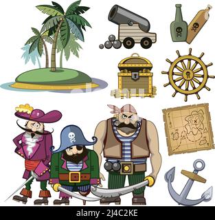 Vector Piraten-Charaktere in Cartoon-Stil gesetzt. Kostüm und Palme, Haken und Insel, Reichtum Schatz, Karte und Rum, Kanone und Abenteuer Illustration Stock Vektor