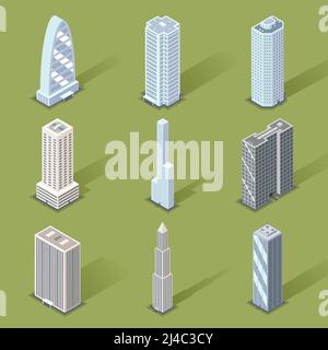 Verschiedene dreidimensionale Wolkenkratzer Grafik-Designs auf hellgrünem Hintergrund. Stock Vektor