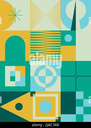 Neonfarbene abstrakte Vektormuster mit verschiedenen geometrischen Formen und Elementen. Digitales Grafikdesign für Poster, Cover, Kunst, Presenta Stock Vektor