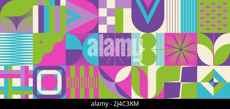 Neo-Geo Vektormuster Grafiken von abstrakter modernistischer Ästhetik inspiriert. Moderne geometrische Collage für Poster, Cover, Kunst, Presentatio Stock Vektor