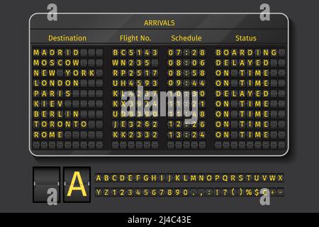 Anzeigetafel Flughafen oder Bahn. Flughafen, Informationen mit Zeitplanzeit, Vektordarstellung anzeigen Stock Vektor