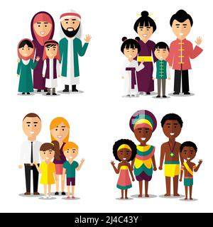 Afrikanische, asiatische, arabische und europäische Familien. Familie asiatisch, Familie afrikanisch, Familie europäisch, Familie asiatisch. Vektordarstellung Zeichen Symbole gesetzt Stock Vektor