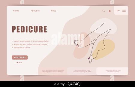 Vorlage für die Zielseite des Pediküre-Service. Lineare weibliche Hände. Beauty-Logo für Maniküre-Studio oder Spa-Salon. Vektor-Illustration in flachen Cartoon-Stil Stock Vektor