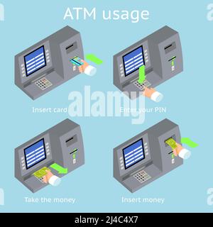 Nutzung des ATM-Terminals. Zahlung über das Terminal. Geld von einer ATM-Karte bekommen. Vektorgrafik Stock Vektor