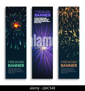 Vector Feuerwerk vertikale Banner gesetzt. Kartenfest, Explosion und fröhliche Karneval Illustration Stock Vektor