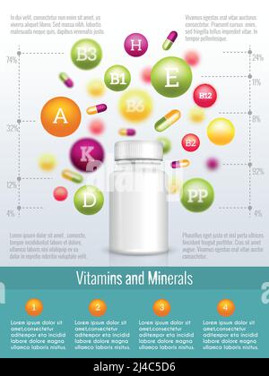 Vitamine und Nahrungsergänzungsmittel Infografiken. Vitaminergänzung, Infografik zur Gesundheit, medizinische Vitamindarstellung Stock Vektor