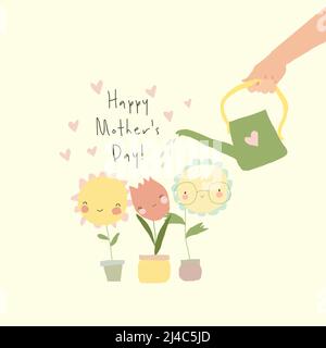 Mutter Hand mit Gießkannel bewässert Cute Blossom Flowers. Wachsende Liebe, Gesundheit, Wohlbefinden Stock Vektor
