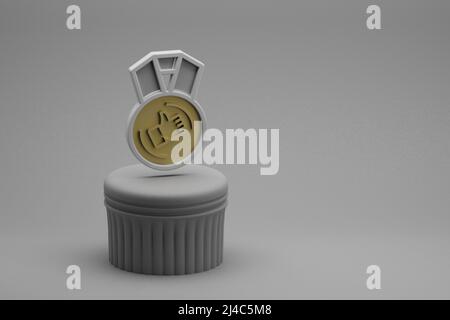 Schöne abstrakte Illustrationen Daumen nach oben Medaillensymbole auf einer Säule und wunderbaren Hintergrund. 3D Rendering-Illustration. Hintergrundmuster für Stockfoto