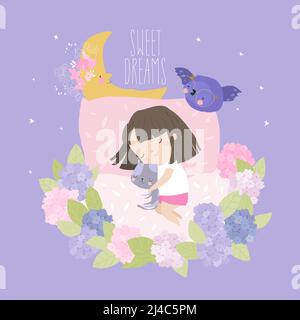 Nettes Cartoon Mädchen schlafen mit Katze im Kranz der Hydrangea Stock Vektor