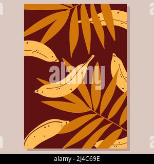 Bananenblätter und tropische Strauchblätter, ganze gelbe Früchte, orangefarbenes Blatt auf braunem Hintergrund Stock Vektor
