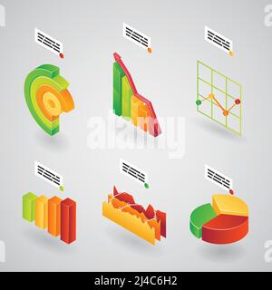 Bunte Sammlung von 3D analytischen Diagrammen Balkendiagramme und Torten Diagramme für Infraphics, die an einer Winkelvektordarstellung ausgerichtet sind Stock Vektor