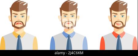 Vektor-Illustrationen von jungen bärtigen Mann zum Ausdruck bringen verschiedene Emotionen auf Weiß Stock Vektor