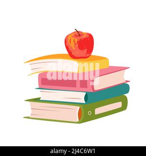 Stapel von bunten Büchern und Lehrbüchern aus der Universitätsbibliothek, Buchhandlung und Apfel auf der Oberseite Stock Vektor