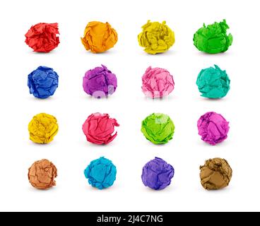Satz von zerknittert bunten Papierkugel auf weißem Hintergrund Stockfoto