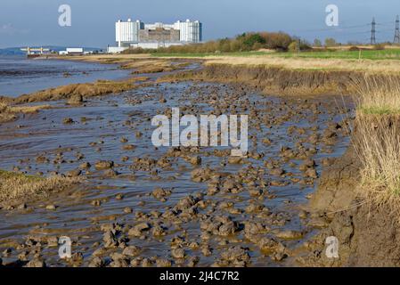 Low Tide am Fluss Severn mit dem Kernkraftwerk Oldbury, Gloucestershire, Großbritannien Stockfoto