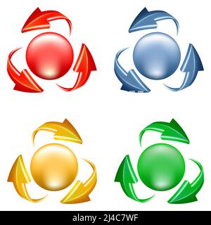 Tasten eingestellt. 3D Ikone der Kugel und der Pfeile in verschiedenen Farben Stock Vektor