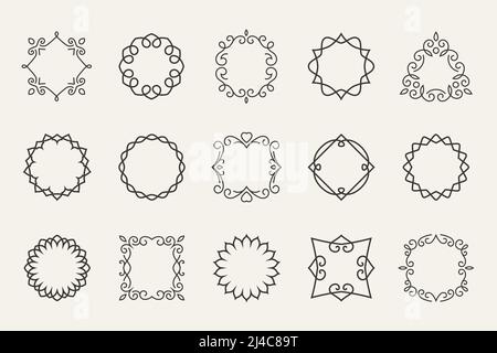 Vektorlinie Embleme und Abzeichen Rahmen für Logo und Etiketten. Dekorative Umrisse, Dekorationsform, Kontursymbol oder Stempel Stock Vektor