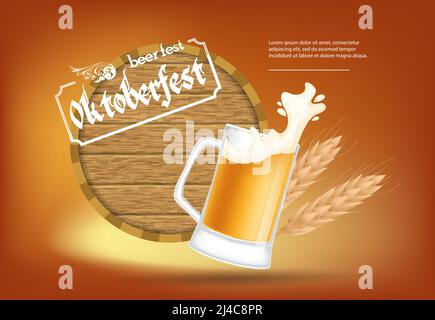 Oktoberfest, Bierfest-Schriftzug mit Fass und Bierkrug. Urlaub, Feier oder Angebot Design. Getippte Texte, Kalligraphie. Für Broschüren, Einladungen, Stock Vektor