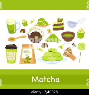 Matcha süße leckere Produkte aus Teepulver, Set mit Latte, Makkaron und Cupcake Stock Vektor