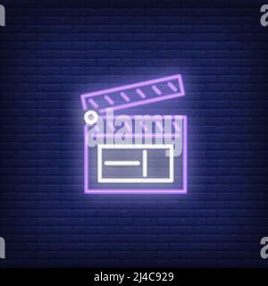 Leuchtreklapper geöffnet. Leuchtendes Schild mit Klapptafel. Nächtliche Werbung. Vektorgrafik im Neon-Stil für kommerzielle, Video PR Stock Vektor