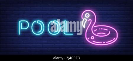 Pool Neon Text mit Schwimmring. Sommerurlaub und Tourismus Konzept. Werbedesign. Nachts helles Neonschild, bunte Plakatwand, Lichtbanner Stock Vektor
