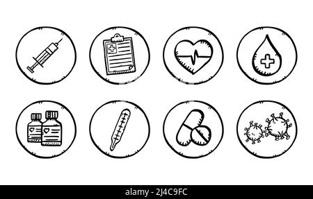 Skizzenstil Schwarz-Weiß-Symbole Illustrationen des Gesundheitsthemas. Handgezeichnete Abbildung. Stock Vektor