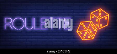 Roulette Neon Text mit Würfel. Spiel- und Casino-Konzept. Werbedesign. Nachts helles Neonschild, bunte Plakatwand, Lichtbanner. Vektorgrafik Stock Vektor