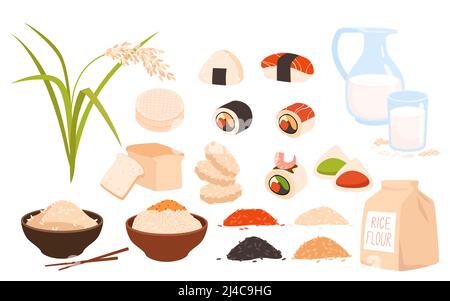 Reis Lebensmittel, Zutaten und Pflanzen Set, Haufen von Getreide, Mehl, gekochte Nudeln Stock Vektor
