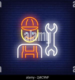 Lächelndes mechanisches Neonschild. Leuchtendes Schild mit Arbeiter. Nächtliche Werbung. Vektor-Illustration im Neon-Stil für Labor Day, Reparatur, ca. Stock Vektor