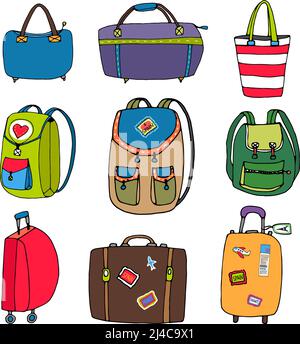 Vielfalt bunte Taschen Rucksäcke und Koffer isoliert auf weißem Hintergrund. Stock Vektor