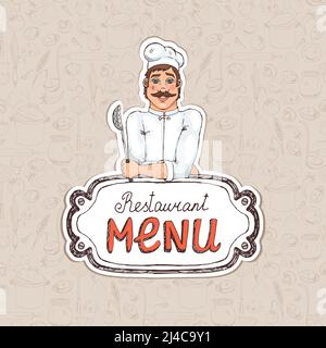 Koch hält Löffel auf Restaurant-Menü Zeichnung Illustration für Cover Oder Werbung Stock Vektor