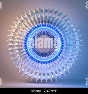 3D Rendering von abstrakten geometrischen metallischen Mandala oder Fraktal mit leuchtenden Lichtern surreal technologisch futuristisch spirituell symmetrisch Blume geschwungen s Stockfoto