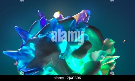 3D Rendering von abstrakten surreal eleganten sphärischen Form Kunstwerk mit außerirdischen gewellten Kurven und Formen mit grün blau cyan Natur transparent matt glühenden c Stockfoto