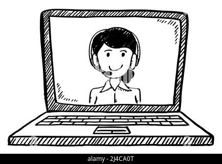 Cartoon-Stil Doodle der Kundendienst-Support-Frau zeigt auf Notebook-Bildschirm. Handgezeichnete Doodle-Vektorgrafik. Stock Vektor