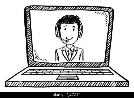 Kritzelei im Cartoon-Stil des Kundendienstmitarbeiters, der auf dem Notebook-Bildschirm zu sehen ist. Handgezeichnete Doodle-Vektorgrafik. Stock Vektor