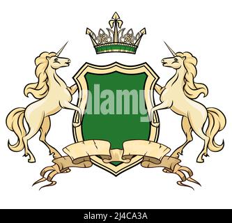 Logo-Vorlage für Wappen. Einhörner mit Schild und Krone. Heraldic Royal, Insignien-Element, reich verzierten Logo Pferd, Vektor-Illustration Stock Vektor