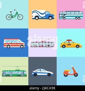 Stadtfahrzeuge Icon Set. Auto und Trolley-Bus, Fahrrad und Motorrad, Bus und Polizei, Vektor-Illustration Stock Vektor