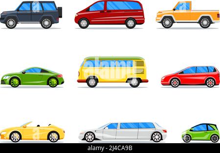 Vector Auto Symbole in flachen Stil. Jeep und Cabrio, Limousine und Hatchback, van und Limousine Illustration Stock Vektor